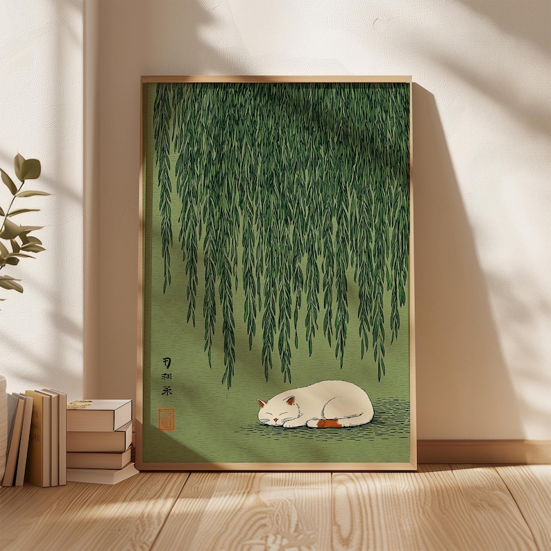 Japanese Lifestyle - 1pc Japanse kat onder wilgposter, ingelijste
